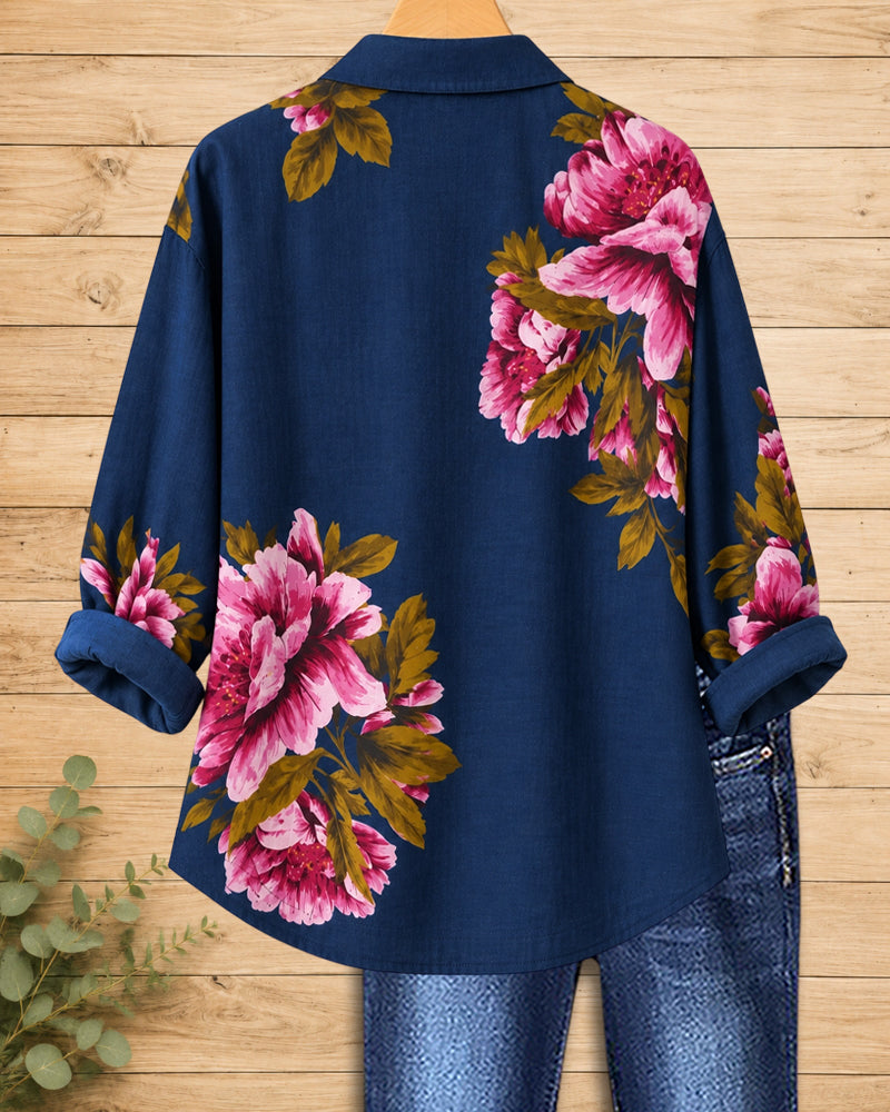 Floral Print Collared Button Down Long Sleeve Loose Shirt