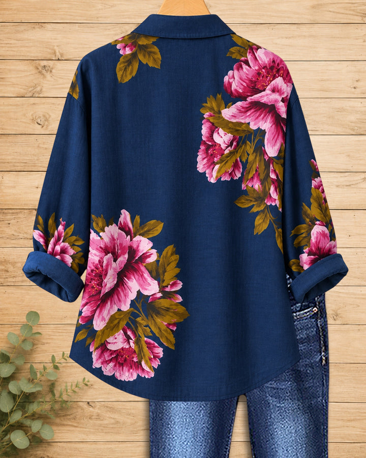 Floral Print Collared Button Down Long Sleeve Loose Shirt