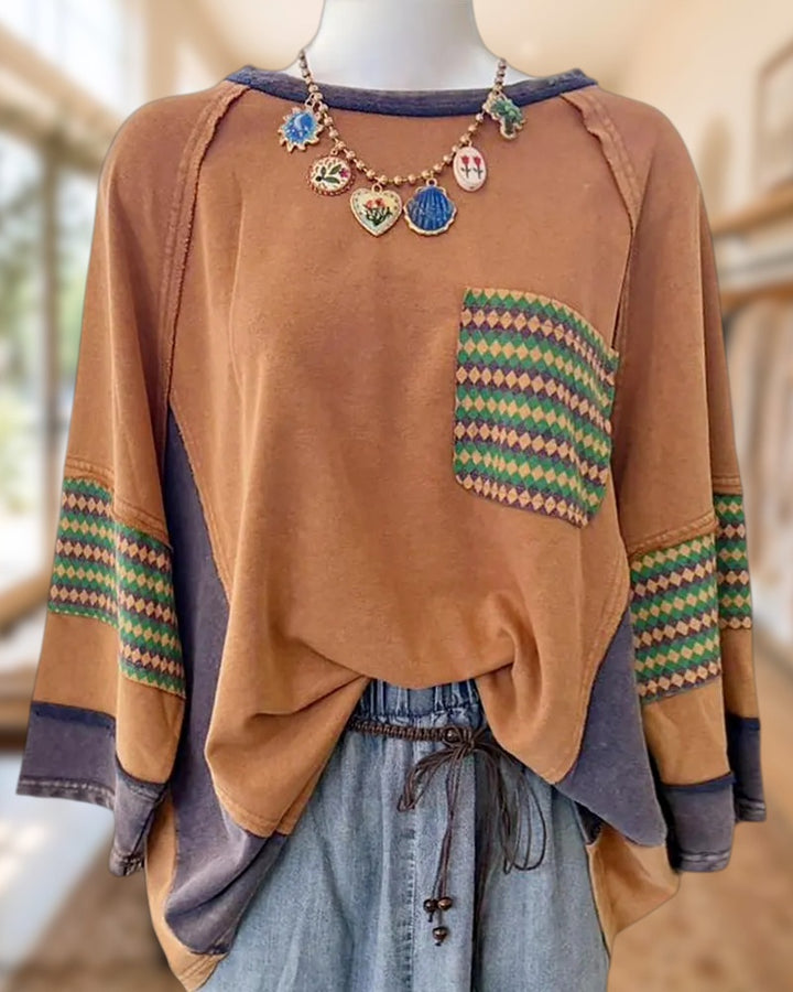 Patchwork Geometric Crew Neck Raglan Sleeve Casual Sweatshirt