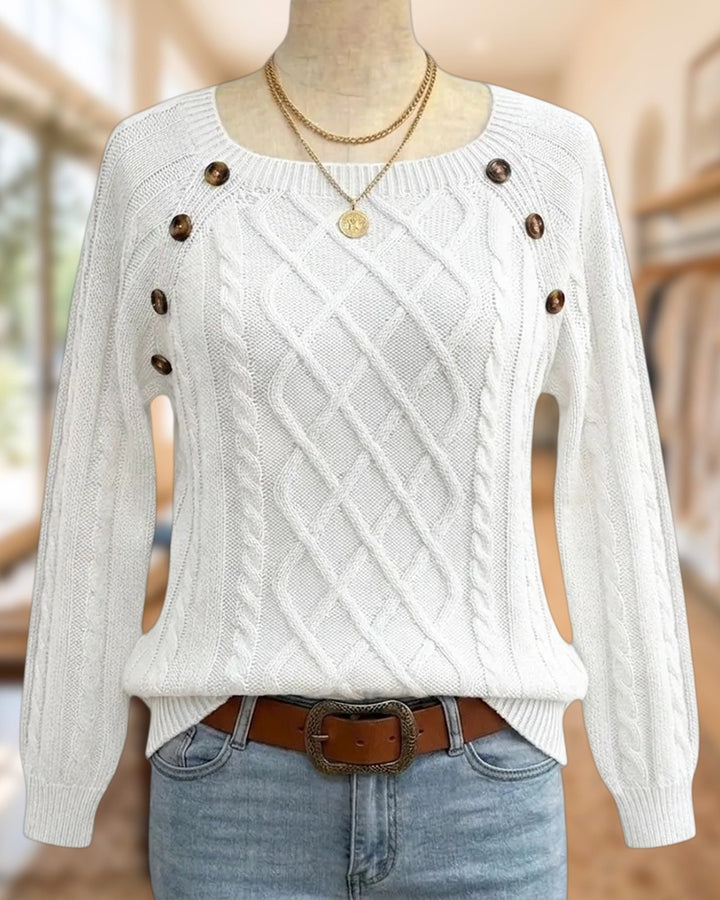 Cable Knit Square Neck Button Decor Long Sleeve Sweater