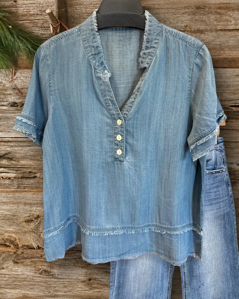 Frayed Trim Half Button Short Sleeve Casual Shirt