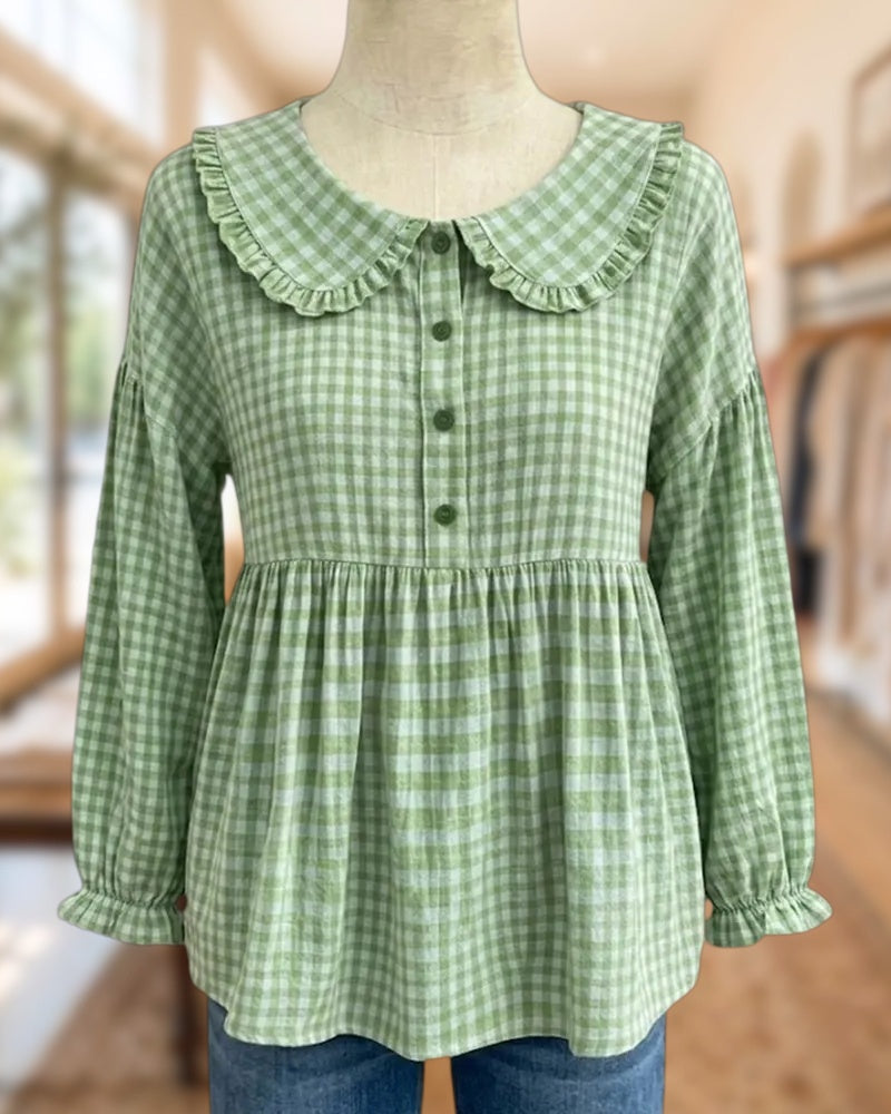 Peter Pan Collar Gingham Long Sleeve Cute Babydoll Blouse