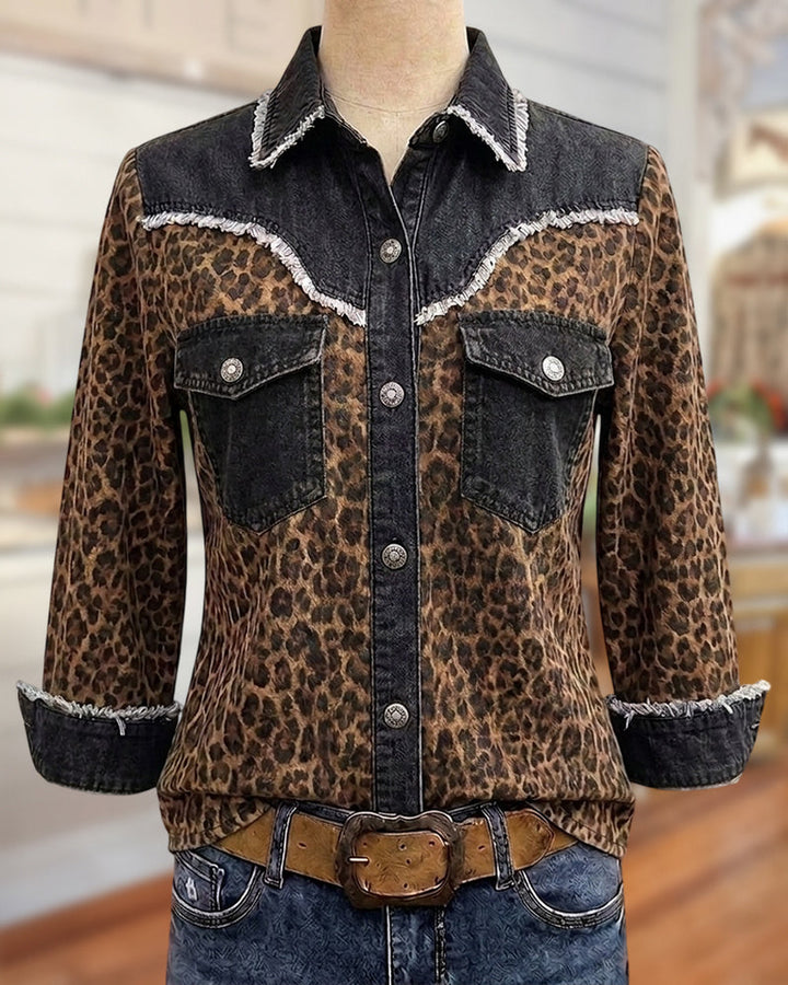 Leopard Contrast Frayed Trim Button Down Flap Pockets Shirt