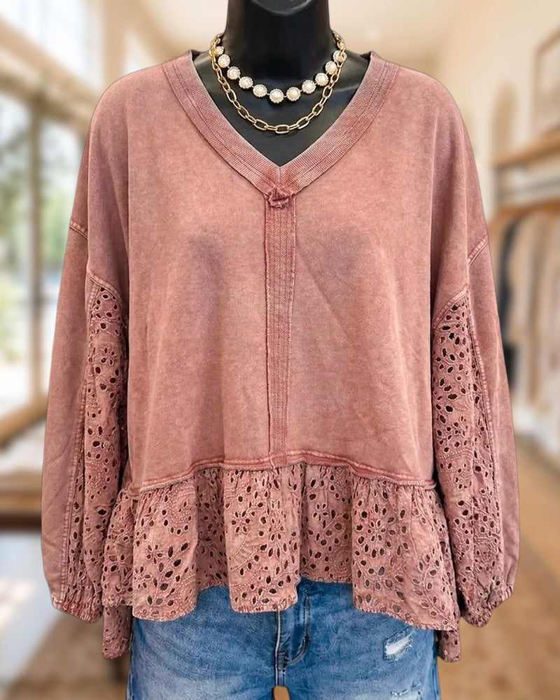 V Neck Eyelet Lace Ruffle Hem Long Sleeve Playful Blouse