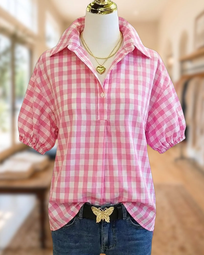 Gingham Collared Puff Sleeve Half Placket Elastic Cuff Blouse