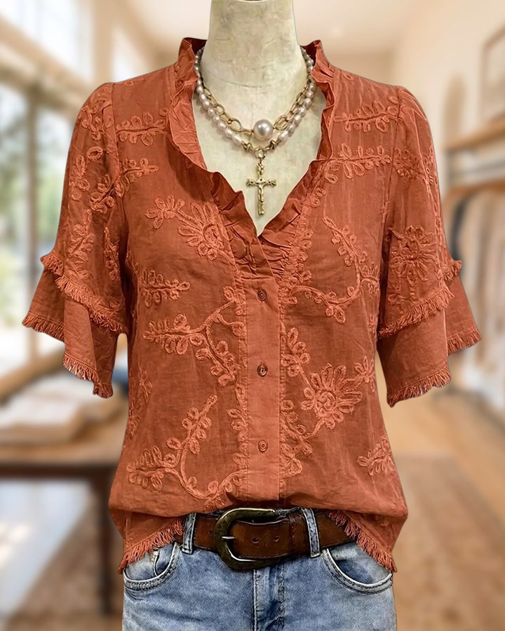 Floral Embroidered Tassels Trim V Neck Button Front Casual Blouse
