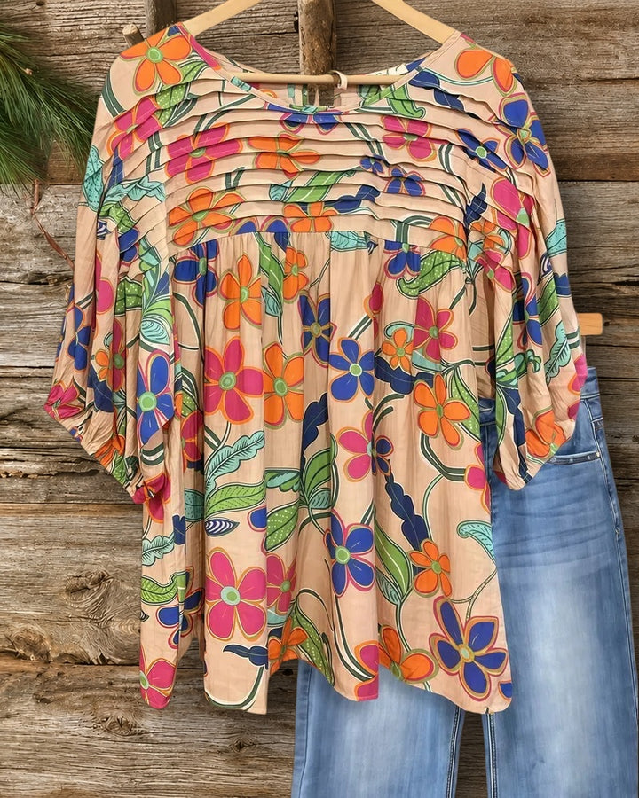 Pleated Detail Floral Print Pastoral Puff Sleeve Blouse