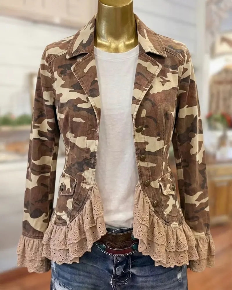Long Sleeve Camo Lapel Jacket with Tiered Lace Ruffles