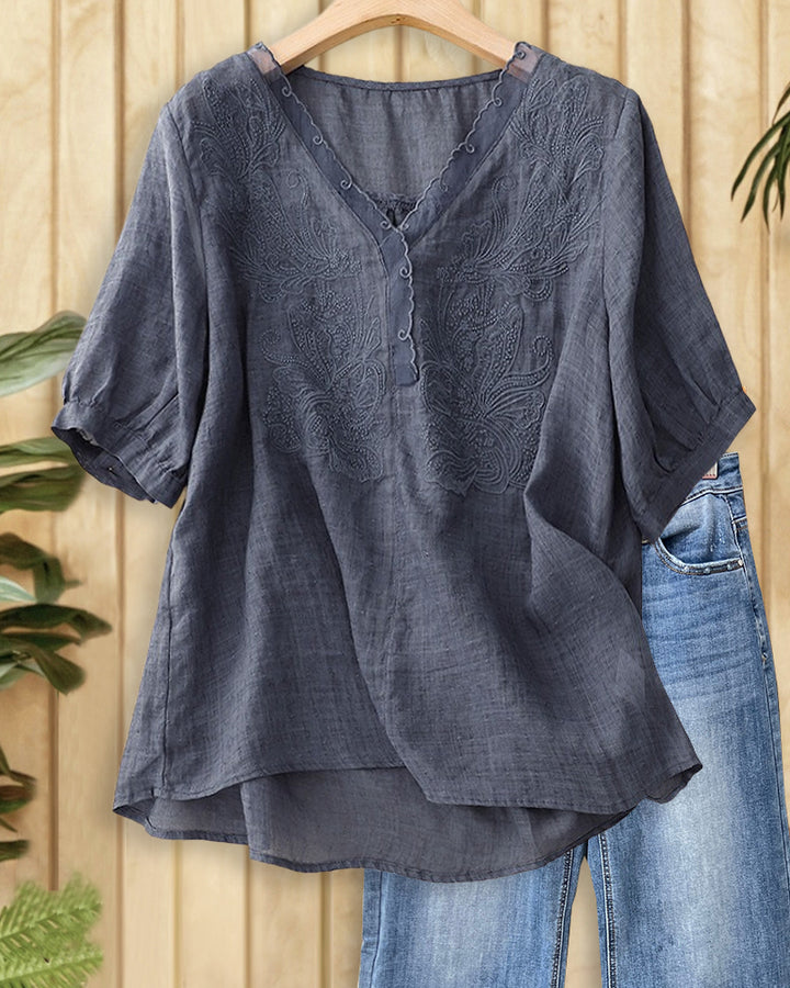 Solid Color Floral Embroidery Glamorous V Neck Blouse