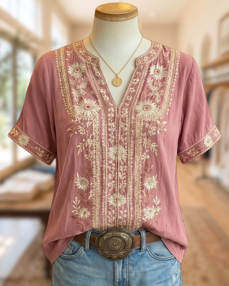 Embroidered V Neck Short Sleeve Floral Detail Relaxed Blouse