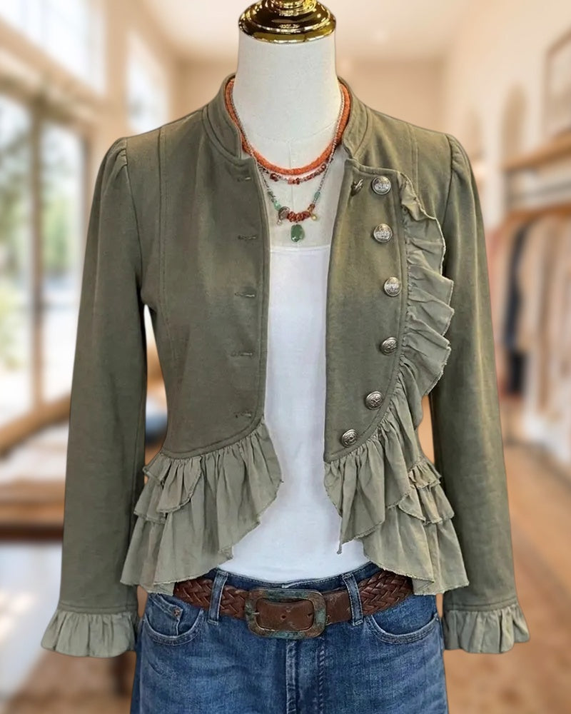 Ruffled Trim Mandarin Collar Cropped Button Detail Slim Jacket