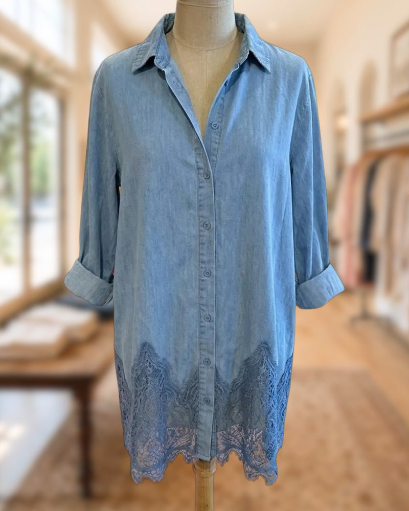 Lace Trim Collared Rolled Cuff Relaxed Fit Denim Shirt