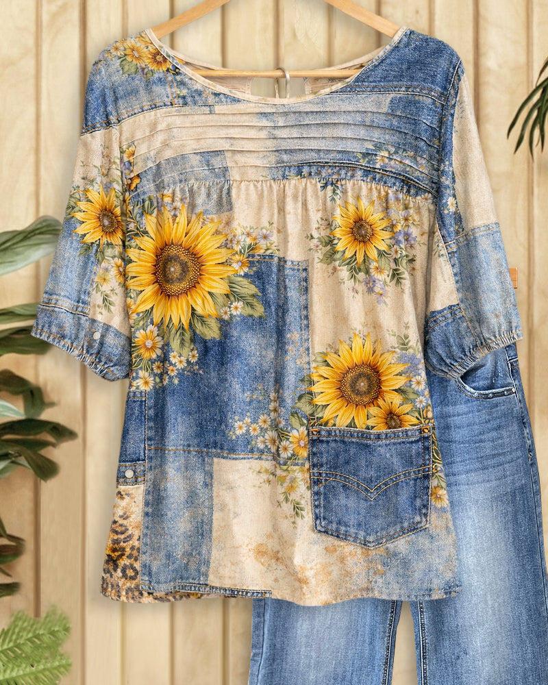 Sunflower & Patch Print Retro Round Neck Blouse