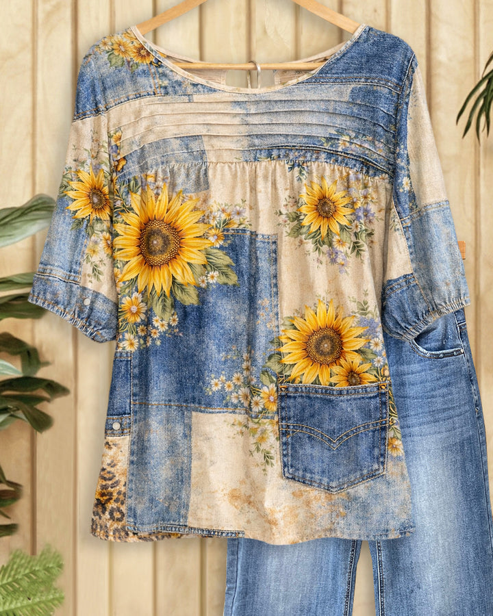 Sunflower & Patch Print Retro Round Neck Blouse