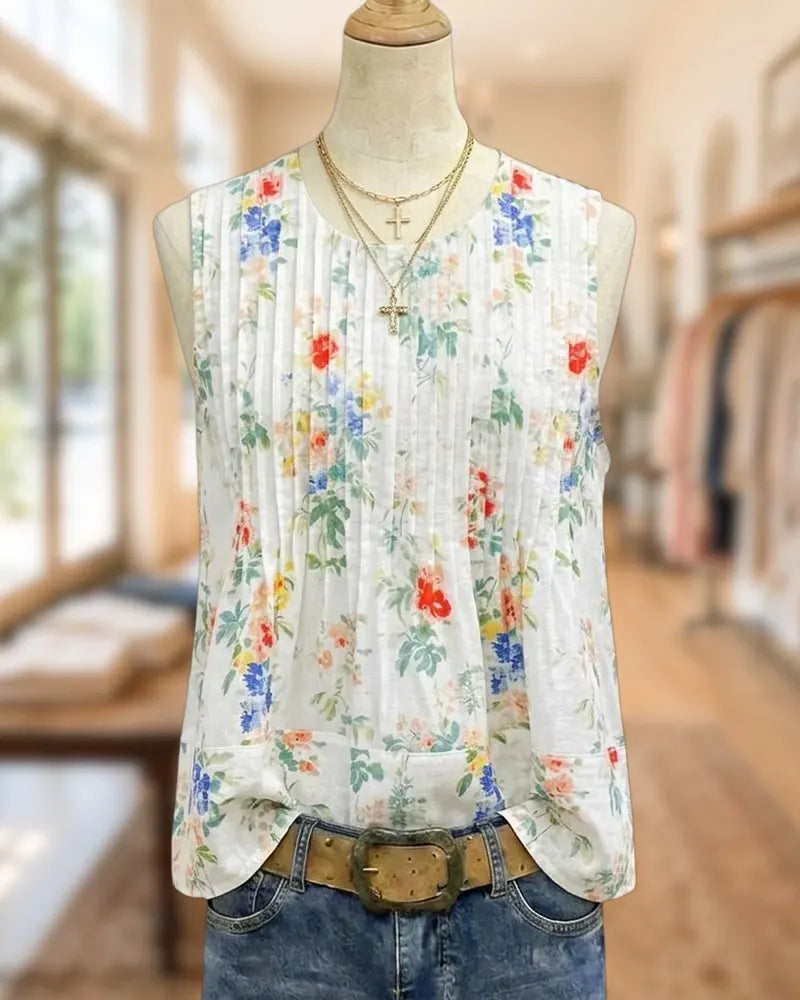 Floral Print Pleated Front Sleeveless Loose Summer Top