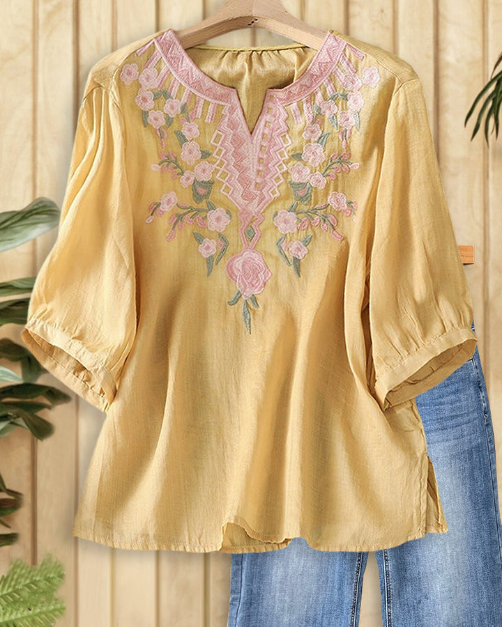 Embroidered Split Neck 3/4 Sleeve Side Slit Loose Blouse