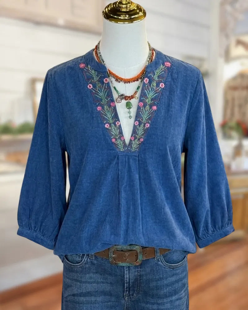 Embroidery V Neck Puff Sleeve Blouse