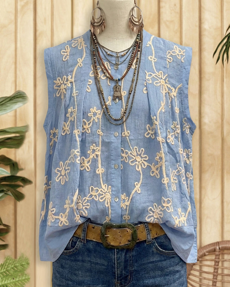 Floral Embroidered Button Front Sleeveless Stand Collar Loose Blouse