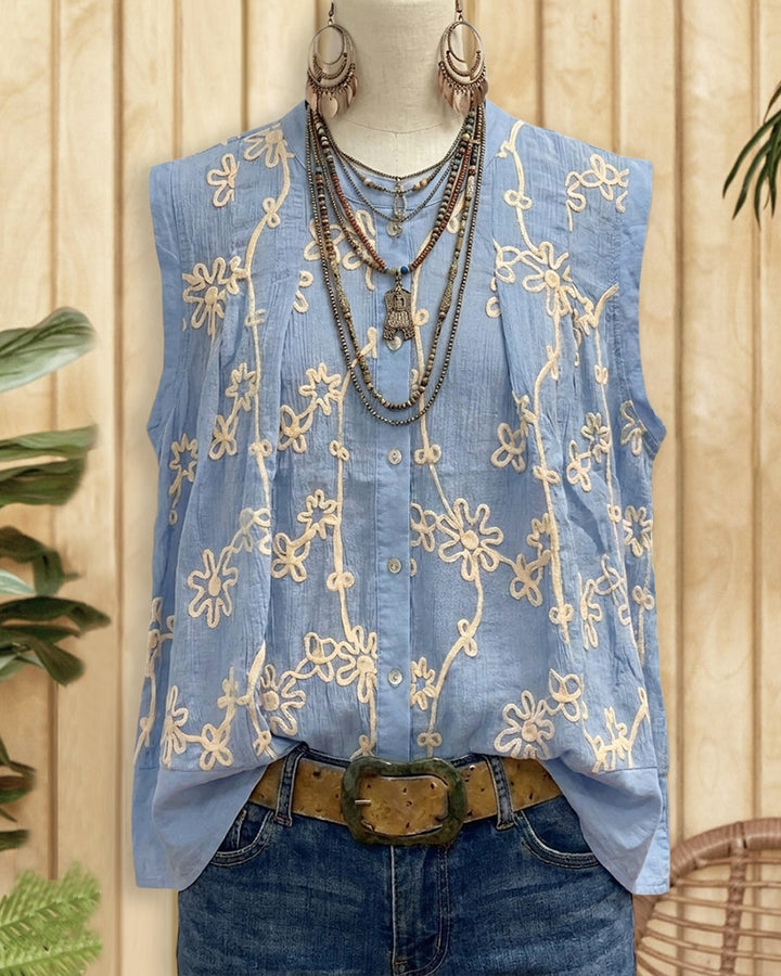 Floral Embroidered Button Front Sleeveless Stand Collar Loose Blouse