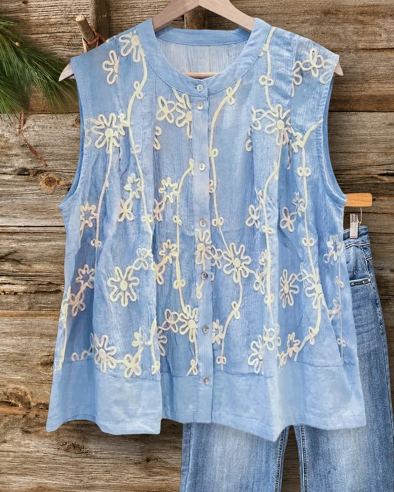 Floral Embroidered Button Front Sleeveless Stand Collar Loose Blouse