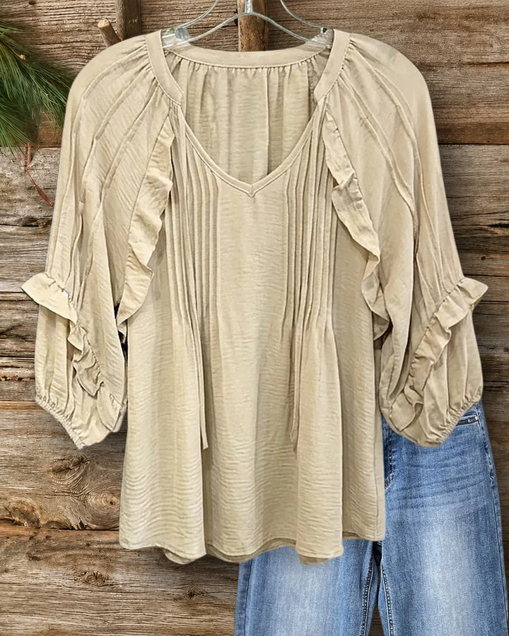 V Neck Ruffled Pleated Tie Detail Loose Casual Blouse