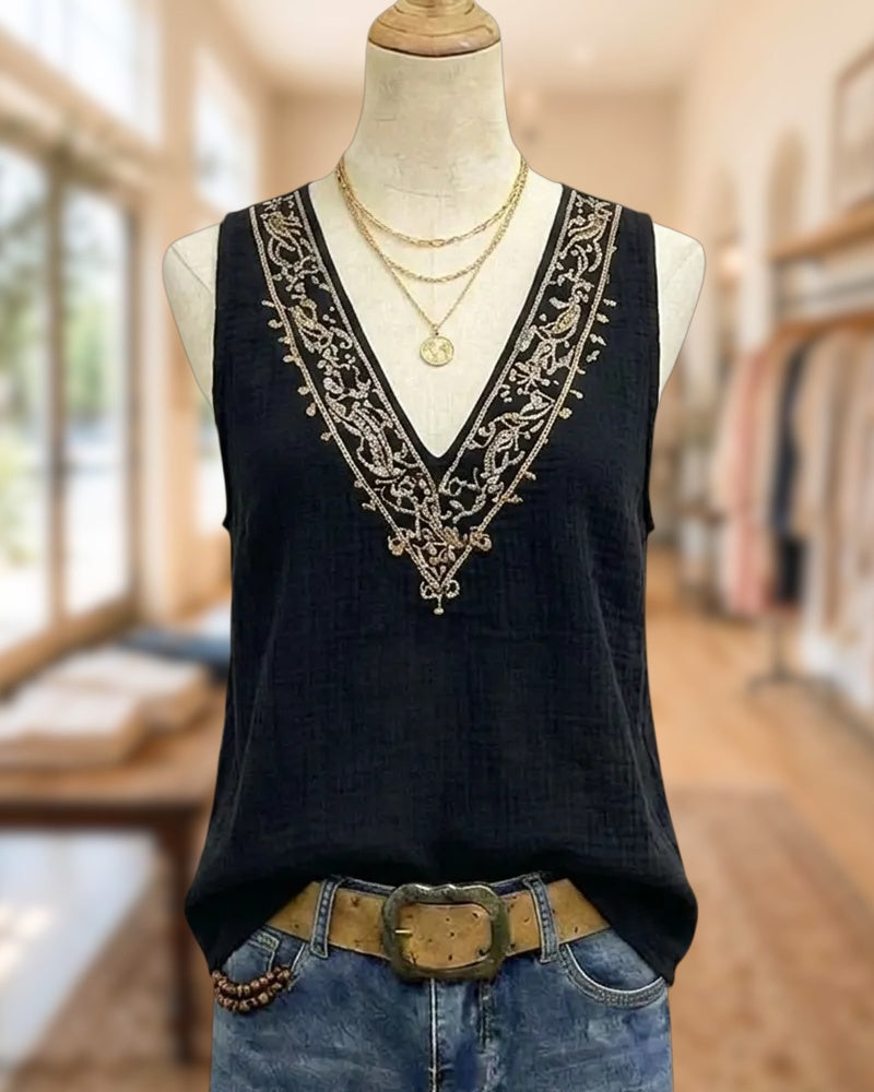 Embroidered V Neck Sleeveless Classic Tank Top