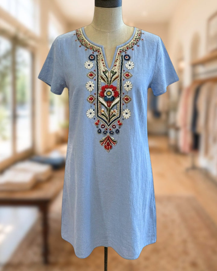 Natural Print V-Neck Short Sleeve Relaxed Fit Shift Mini Dress
