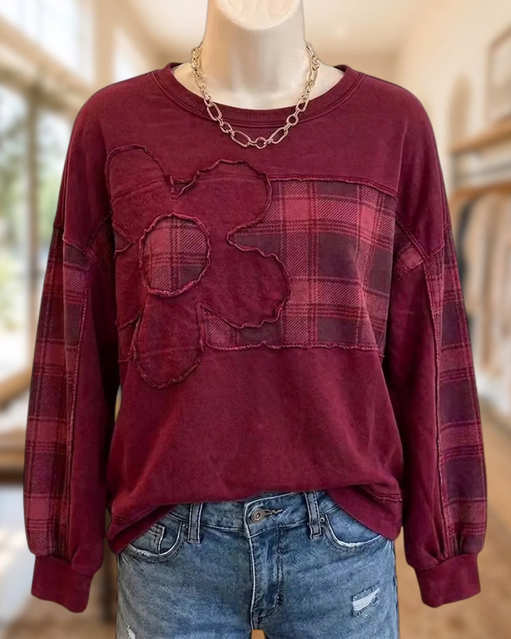 Plaid Patchwork Applique Raw Edge Crew Neck Loose Casual Sweatshirt