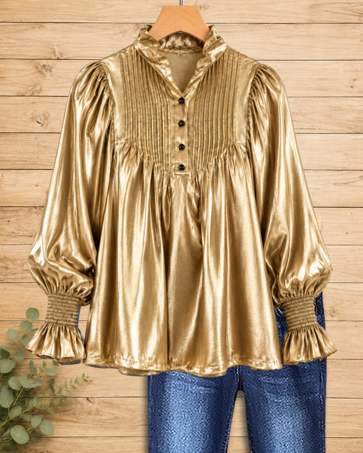 Ruffled Collar Pleated Front Smocked Cuff Loose Blouse