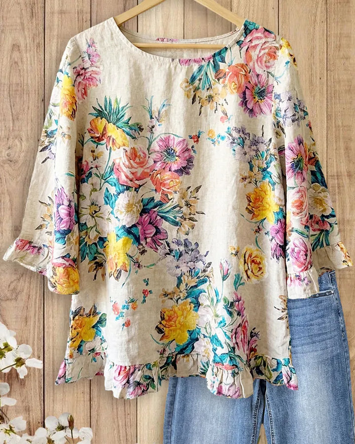 Floral Print Ruffles Trim 3/4 Sleeve Round Neck Flowy Blouse