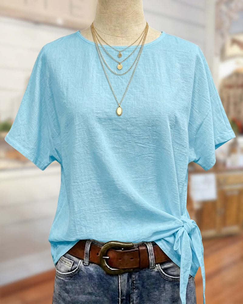 Round Neck Short Sleeve Side Tie Knot Casual T-shirt