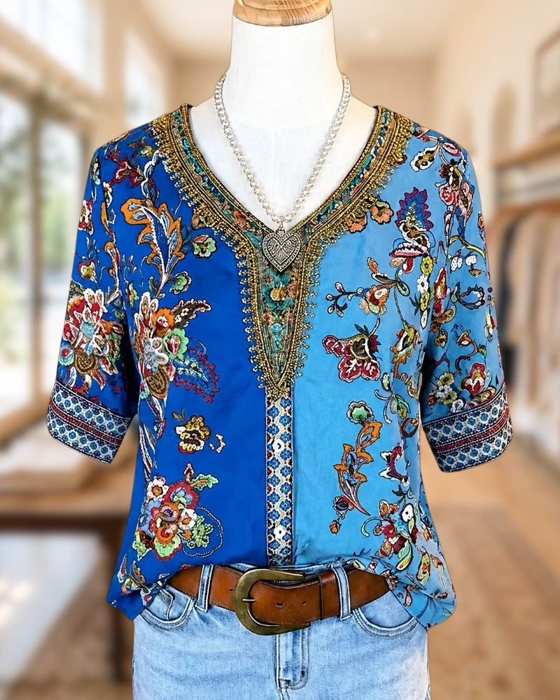 Patchwork Paisley Print Bohemia V Neck Blouse