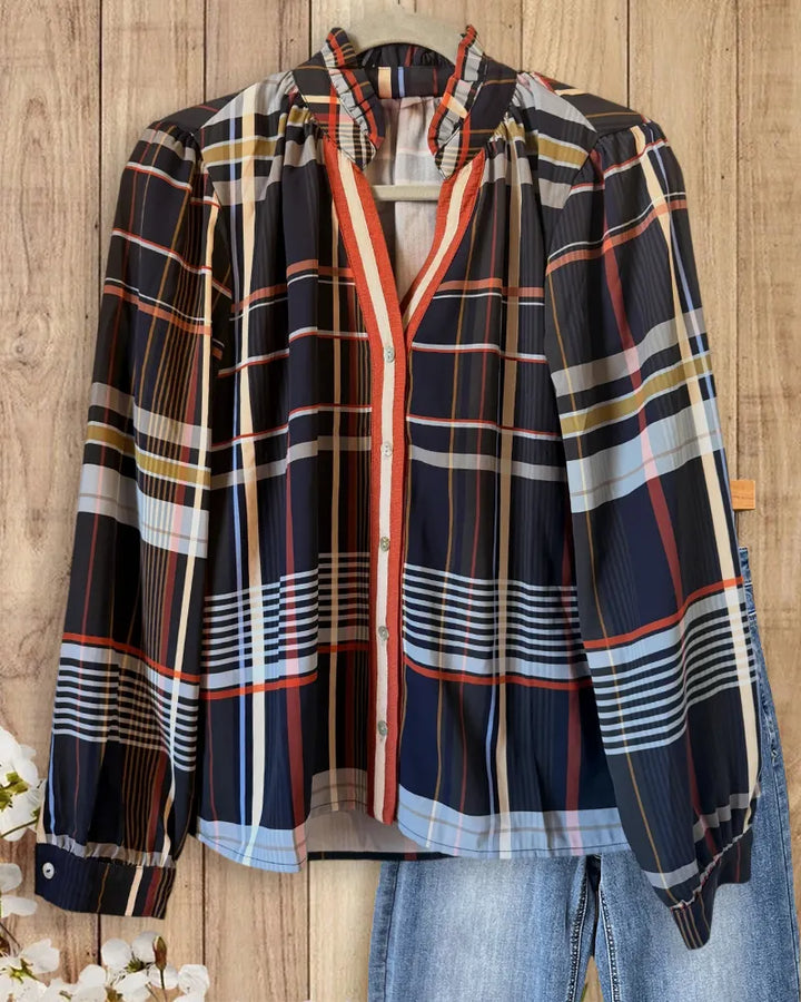 Plaid V Neck Button Front Long Sleeve Versatile Blouse
