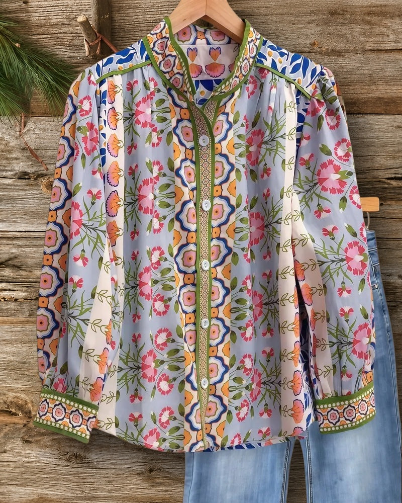 Mixed Floral Print Boho Button Up Blouse