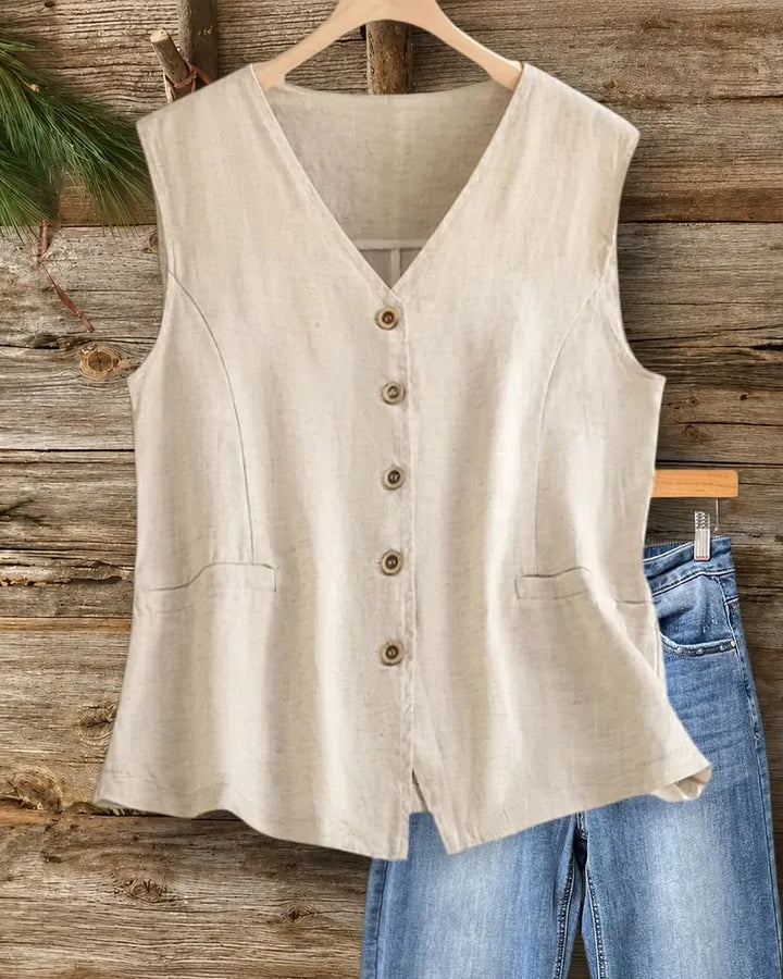 Casual V Neck Button Front Sleeveless Vest With Pockets