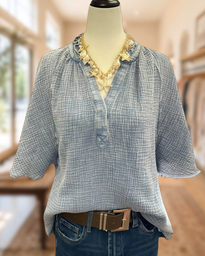 Textured V Neck Half Sleeve Loose Casual Blouse