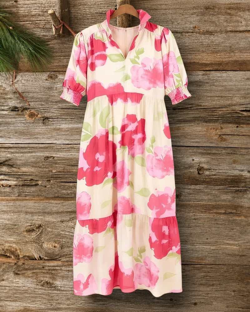 Floral Print Tropical V Neck Puff Sleeve Dress