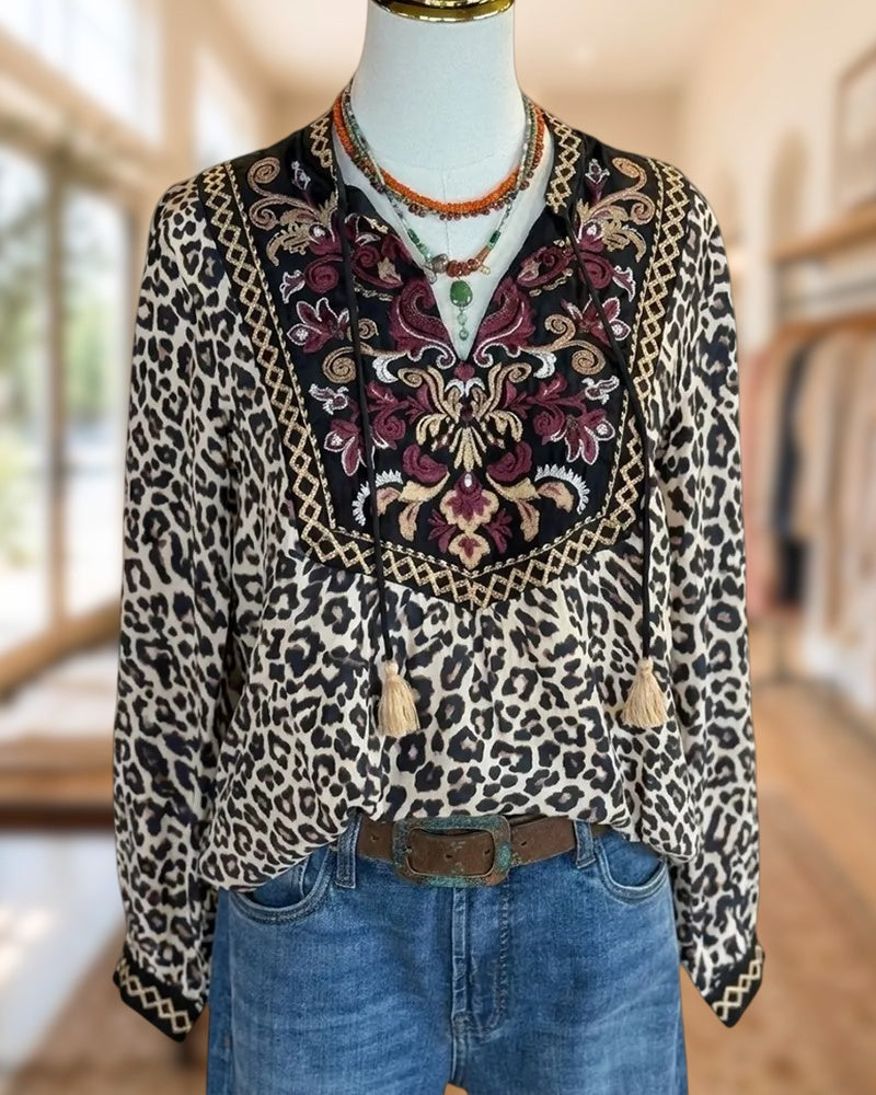 Leopard Print Embroidered Tassel Tie V Neck Long Sleeve Blouse