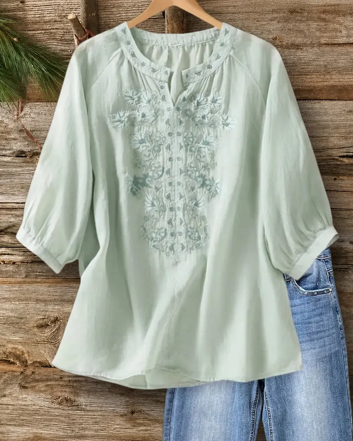 Floral Embroidered V Neck 3/4 Sleeve Loose Casual Blouse