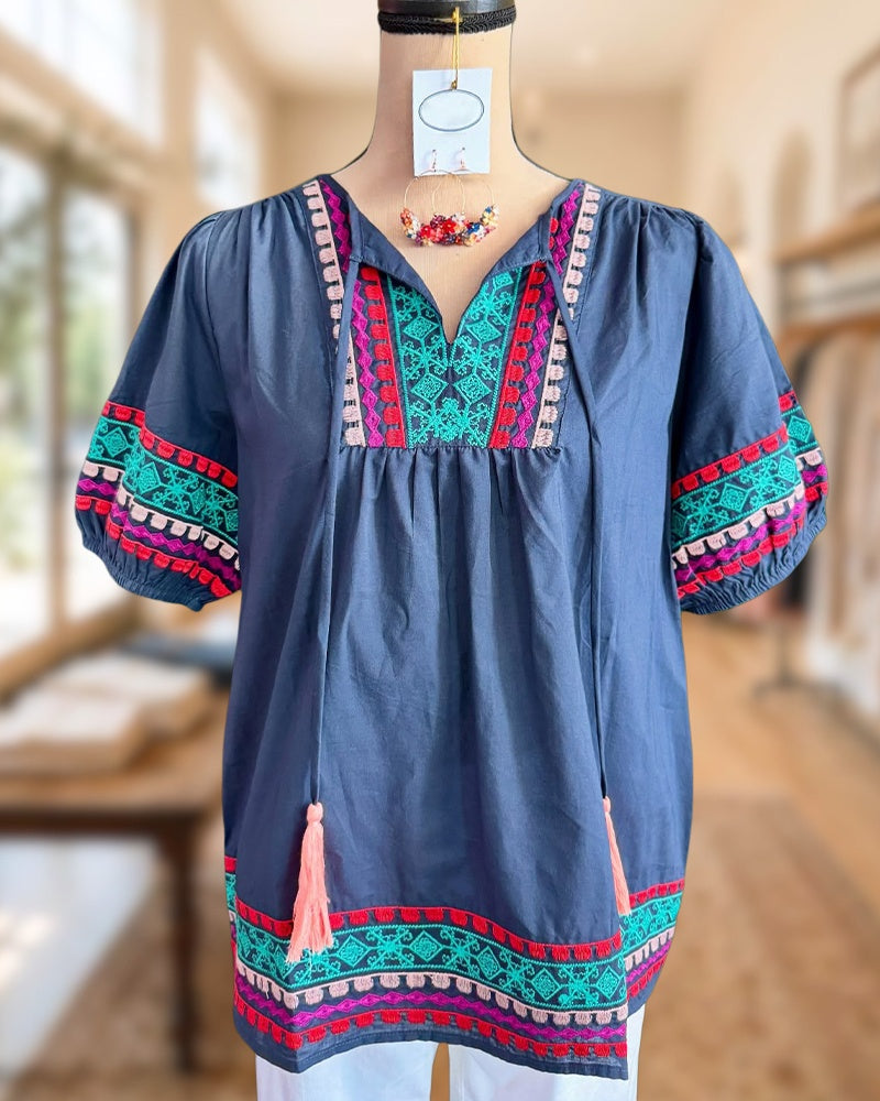 Embroidered Tassel Tie V Neck Puff Sleeve Loose Blouse