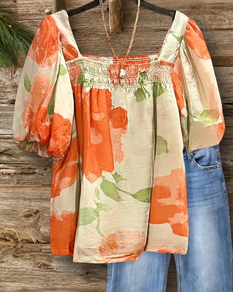 Floral Print Square Collar Puff Sleeve Stylish Blouse
