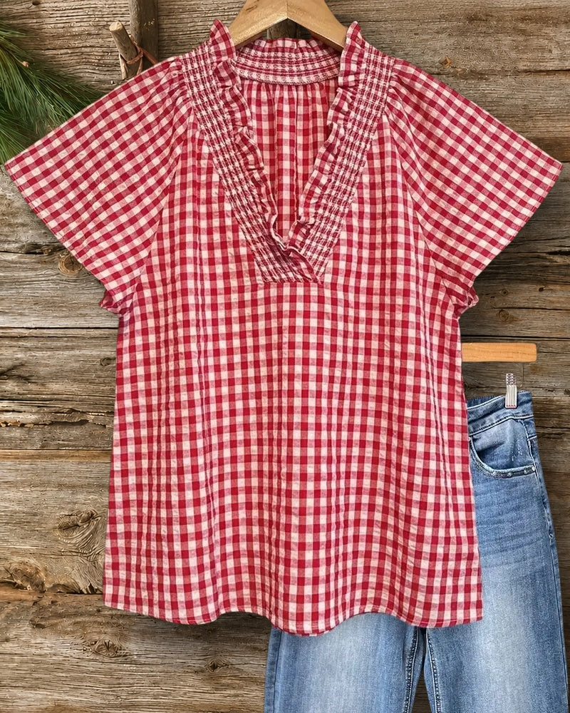 Gingham Ruffled V Neck Flutter Sleeve Simple Blouse