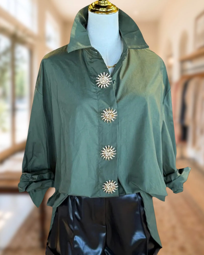 Solid Color Long Sleeve Collared Shirt With Decorative Sun Buttons