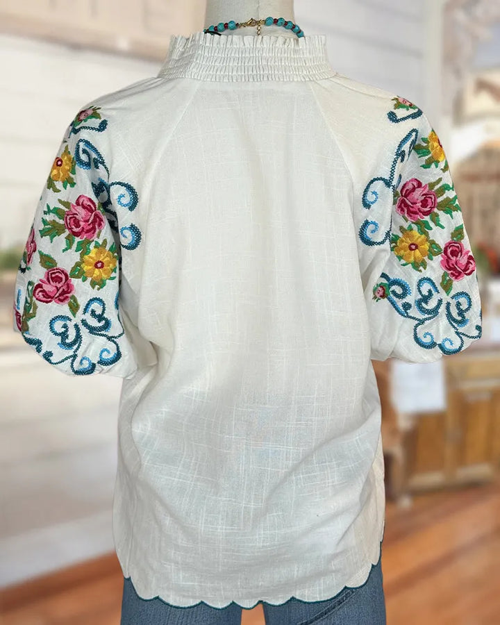 Floral Embroidered V Neck Puff Sleeve Scalloped Hem Blouse