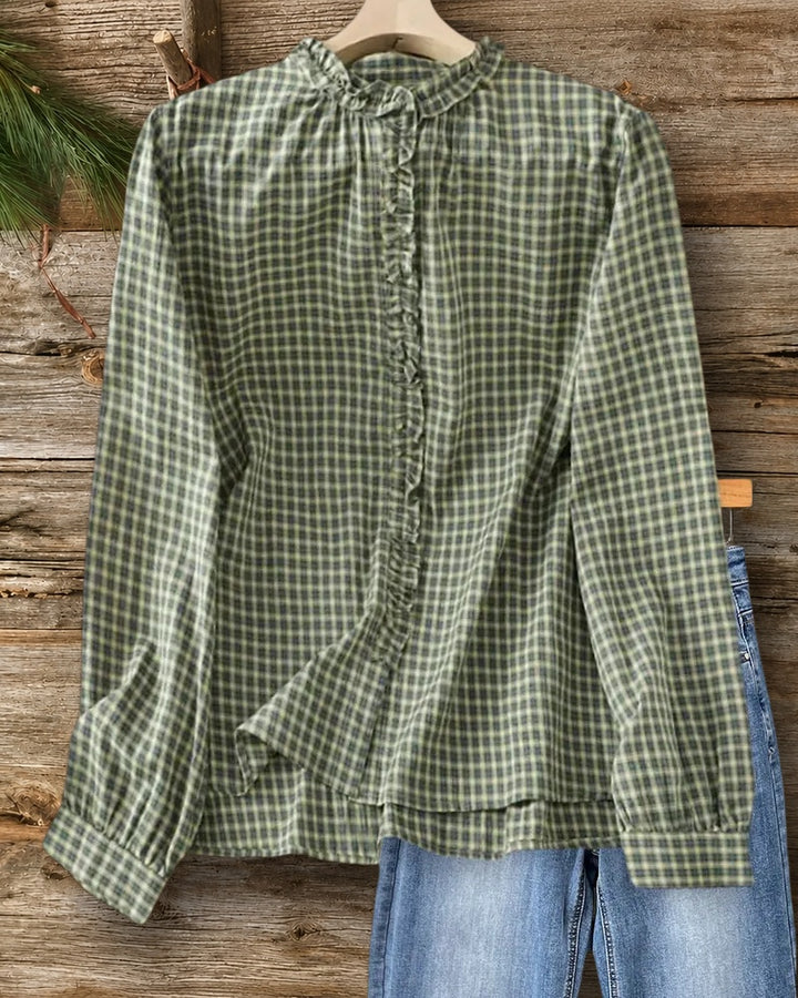 Plaid Ruffle Trim Long Sleeve Relaxed Fit Casual Blouse