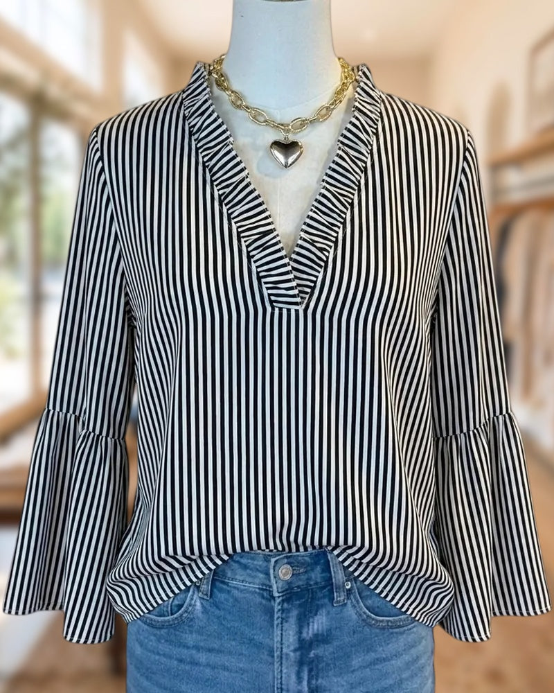 Striped V Neck Ruffle Trim Flare Sleeve Flowy Blouse