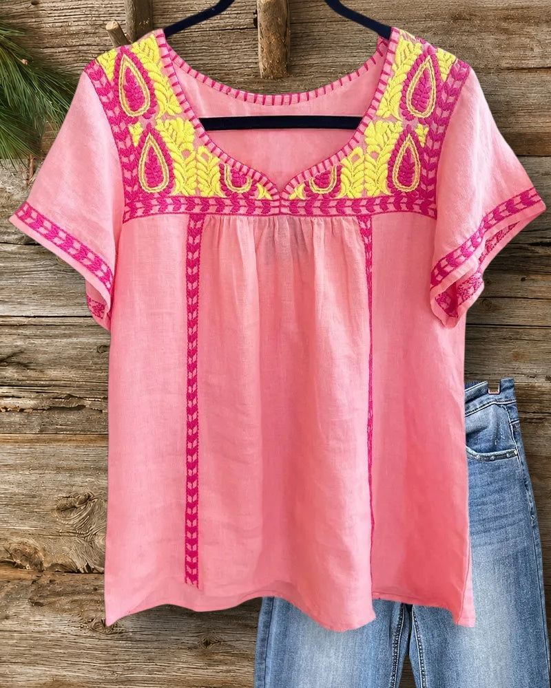 V Neck Embroidered Trim Short Sleeve Retro Blouse