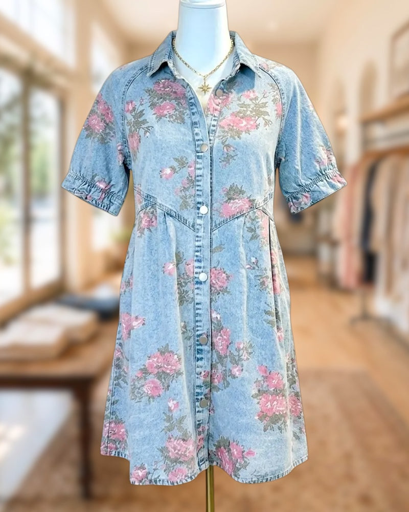 Floral Print Button Front Short Sleeve Collared Mini Dress
