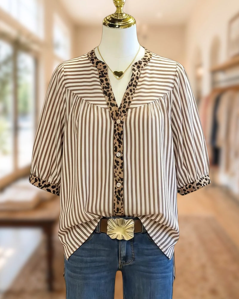 Leopard Trim Striped Commuting Button Up Blouse