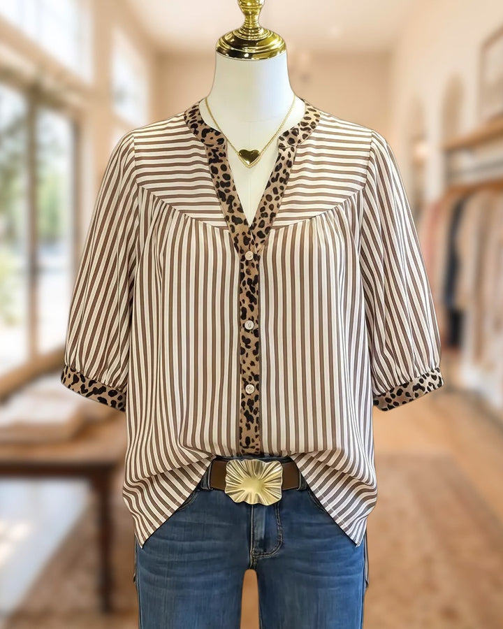 Leopard Trim Striped Commuting Button Up Blouse